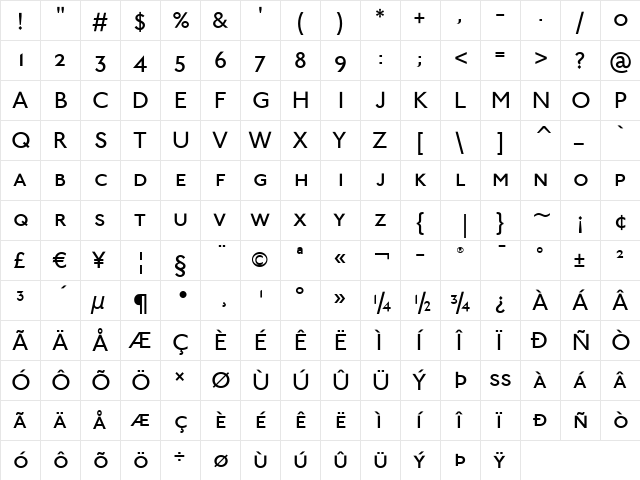 Johnston ITC Medium  glyph index