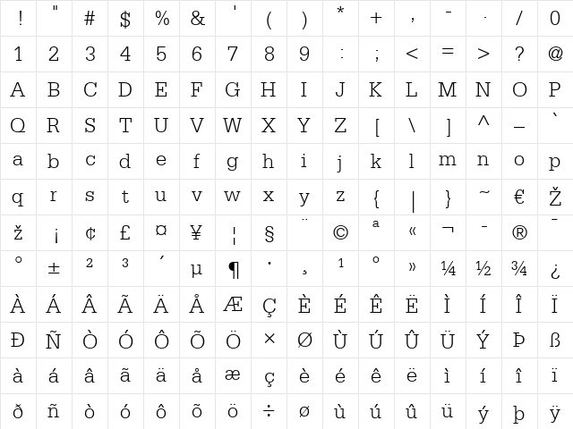 Serifa LT 45 Light Regular  glyph index