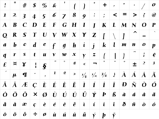 Humana Serif ITC Bold Italic  glyph index