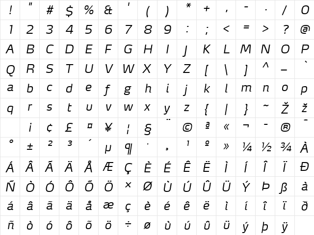 MaxDemiSerifLF-LightItalic Regular  glyph index