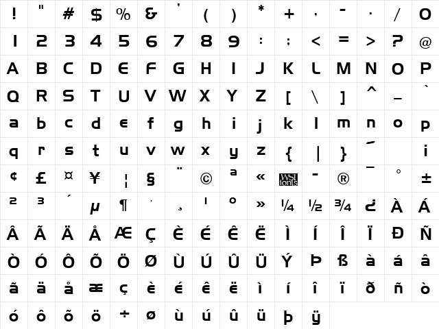 Slicker Regular  glyph index