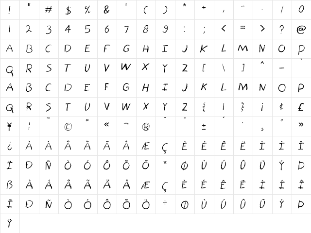 Bored Crayon Regular  glyph index
