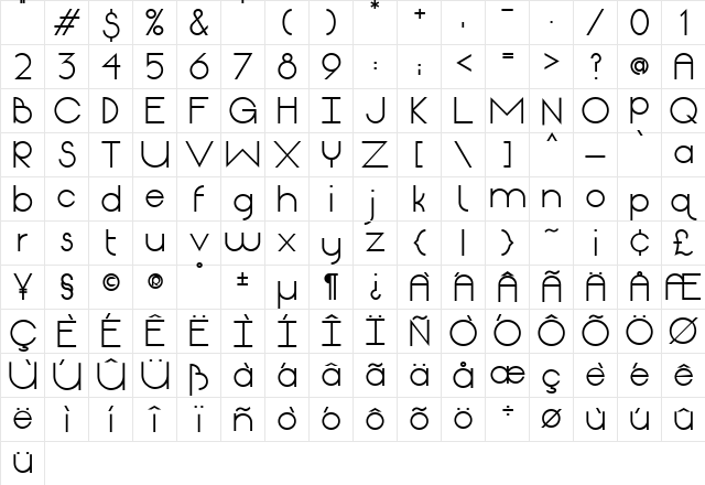 Origin Bold  glyph index