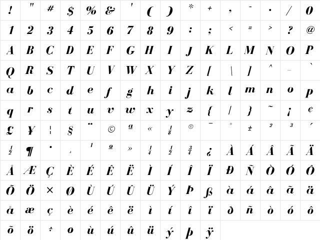 BodoniFLF Bold Italic  glyph index