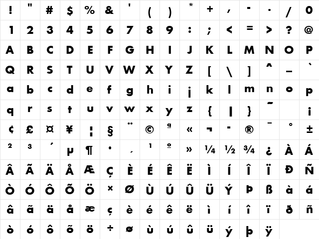 FunctionLH Bold  glyph index