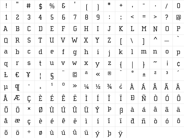 ChollaSlab Regular  glyph index