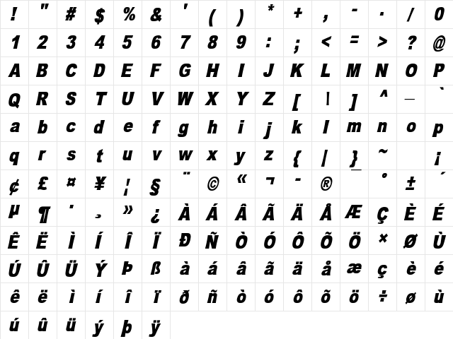 OMNIBLACK Italic  glyph index