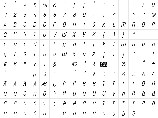 PloverLight Italic  glyph index