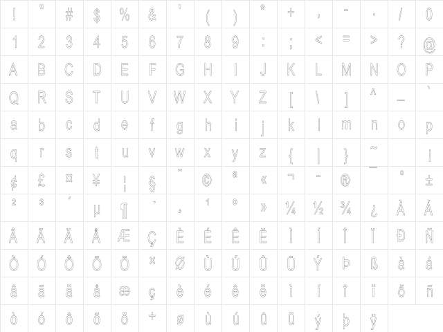 Arial HC Regular  glyph index