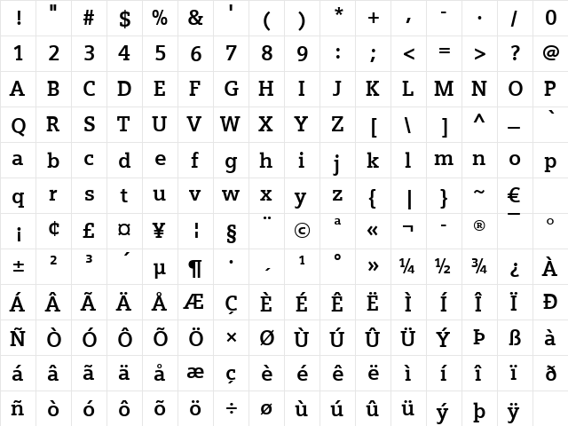 Siemens Slab Bold  glyph index