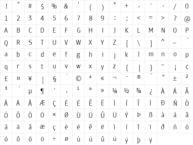 PF Bulletin Sans Pro Light  glyph index