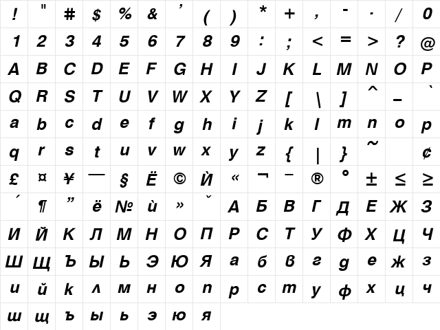 HebarB Bold Italic  glyph index