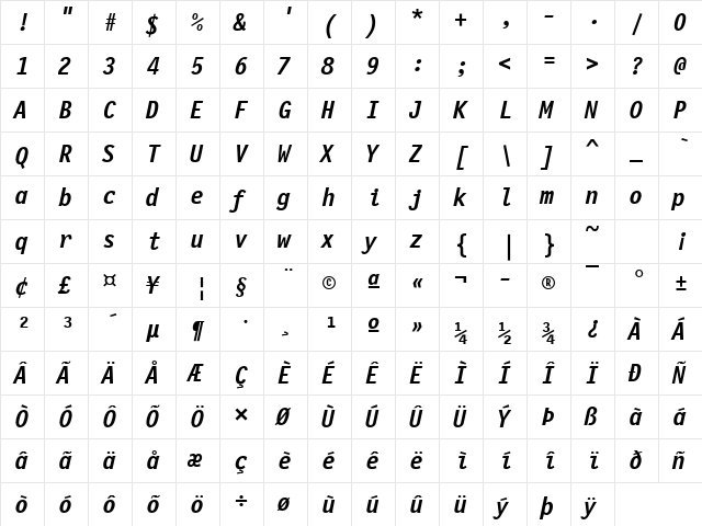 Financial Bold Italic  glyph index