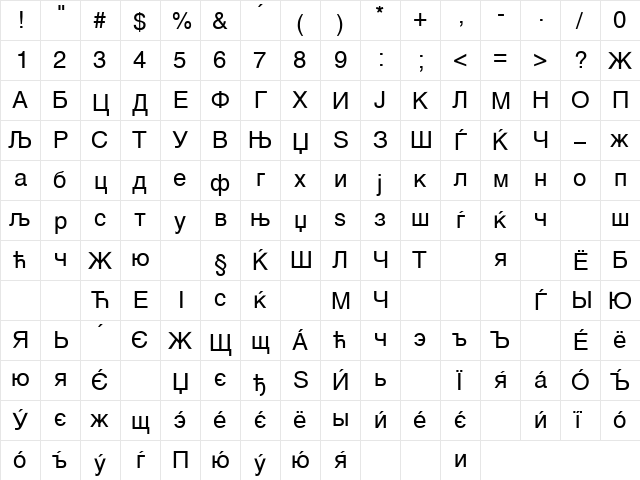 WEST ARIAL Regular  glyph index