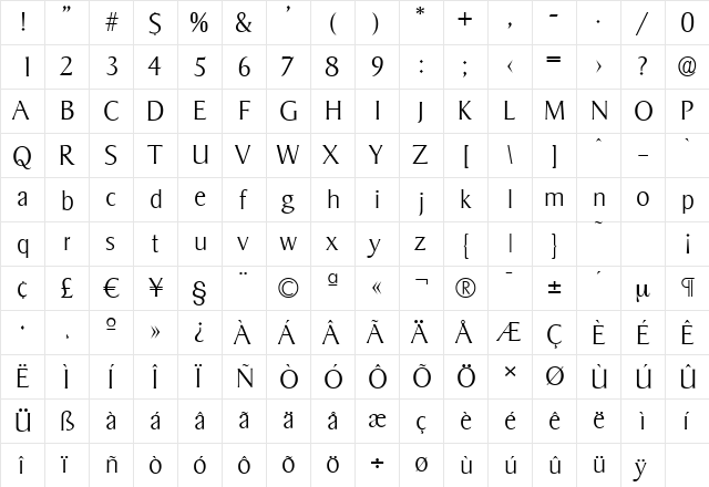 SigvarSerial-Xlight Regular  glyph index