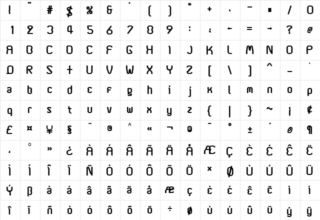 Coma2 Bold  glyph index
