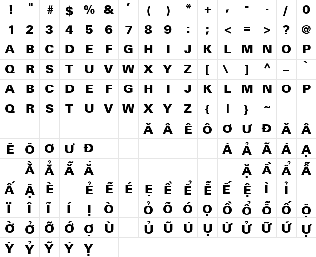 .VnBlackH Regular  glyph index