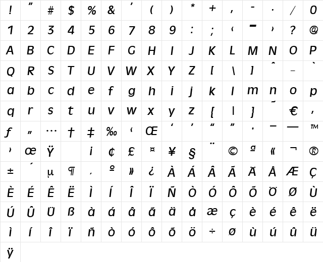 Ravenna-MediumIta Regular  glyph index