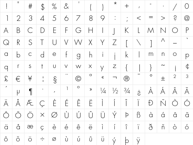 Futura LT Light  glyph index