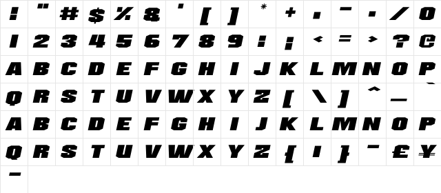 Supernovas Italic  glyph index