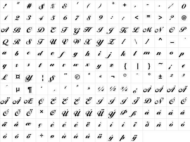 BallantinesScriptEF Heavy  glyph index