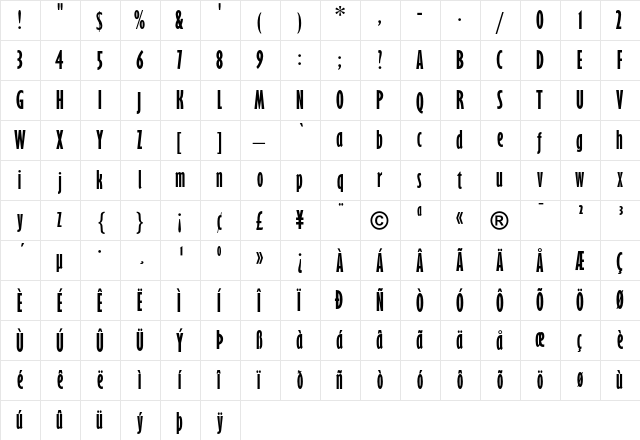 Gill Sans Bold Extra Condensed  glyph index