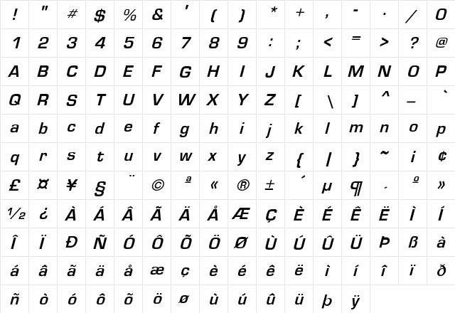 GardenwayObl-Bold Regular  glyph index