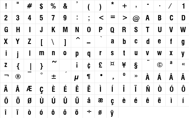 CorporateCondensed BoldOblique  glyph index