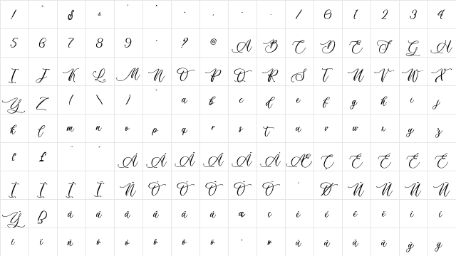 Billion Calligraphy - Personal Use Regular  glyph index