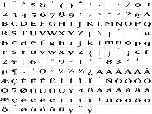 MAXBaerOpti Regular  glyph index