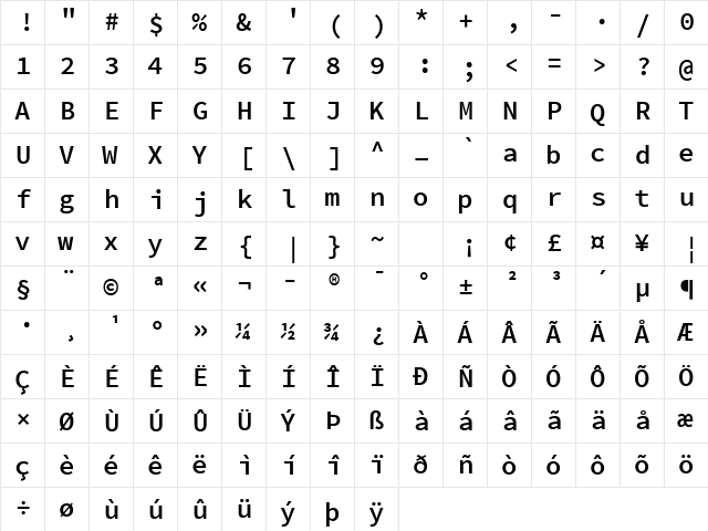Source Code Pro Semibold Regular  glyph index