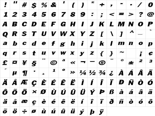 LibraryGothicHeavyExtended Italic  glyph index