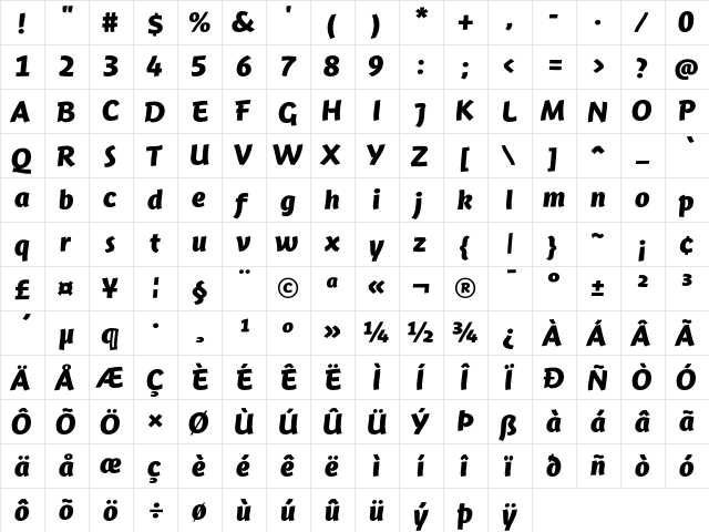 JambonoTF-Bold Regular  glyph index