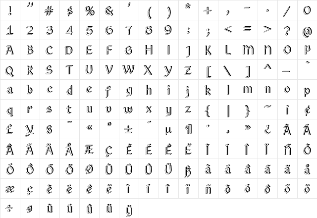 Eastgothic Regular  glyph index