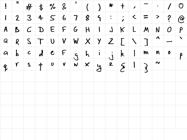 Fluff Bold  glyph index