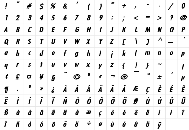 Fuji Wide Bold Italic  glyph index