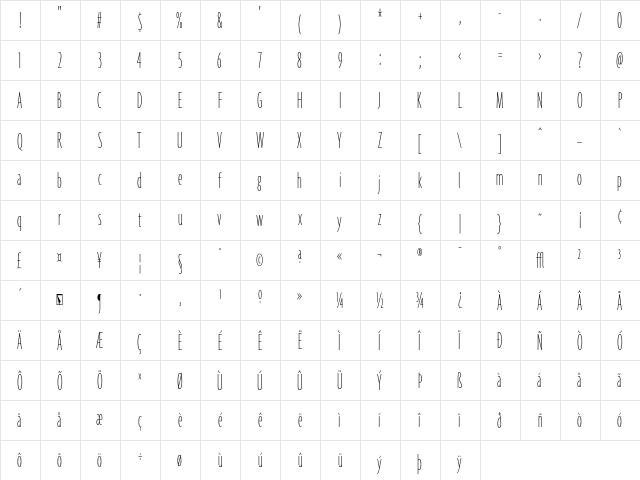 Agenda ThinUltraCondensed  glyph index