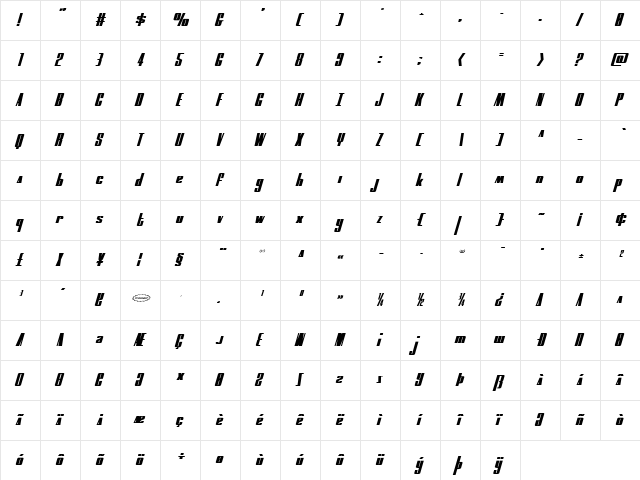 MOON Runner Squat Italic Italic  glyph index