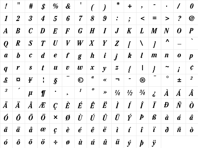ITC Cheltenham Bold Condensed Italic  glyph index