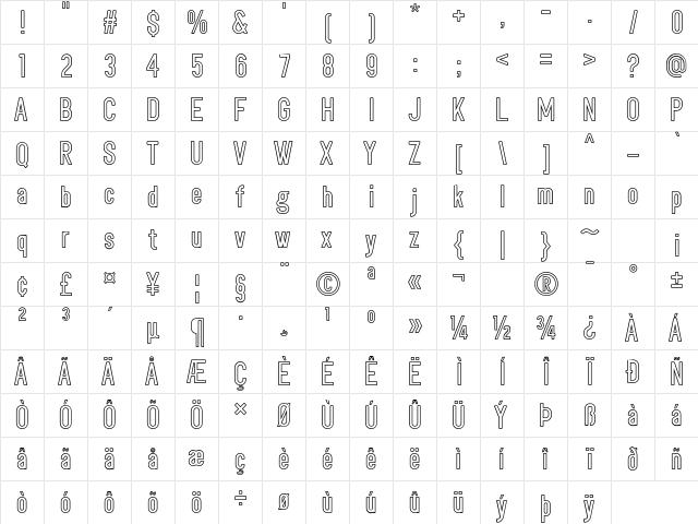 Shakerato-PERSONAL Outline  glyph index