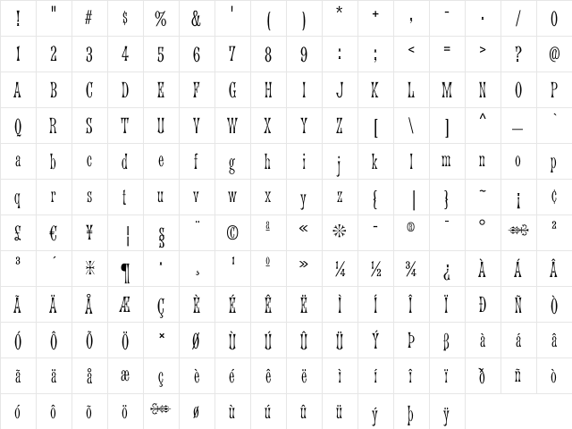 ArchedGothicCondSG TT Regular Regular  glyph index