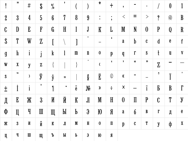 Bruskovaya Compressed Plain  glyph index