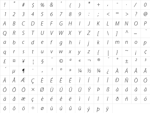 Adobe Corporate ID Myriad Light Italic  glyph index