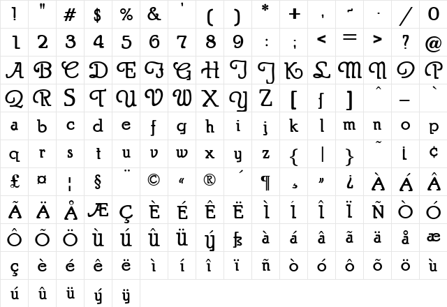 Puritan Swash Regular  glyph index