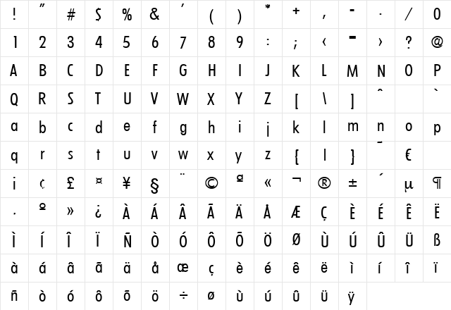 Limerick-RegularCond Regular  glyph index