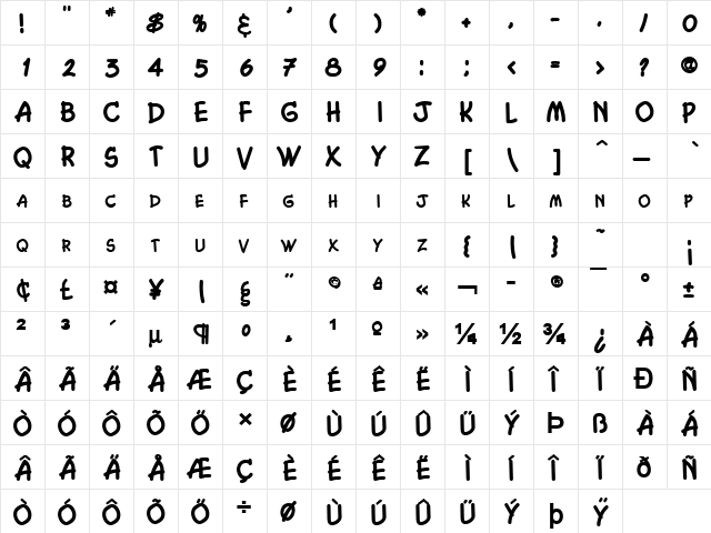 Chasm Bold  glyph index