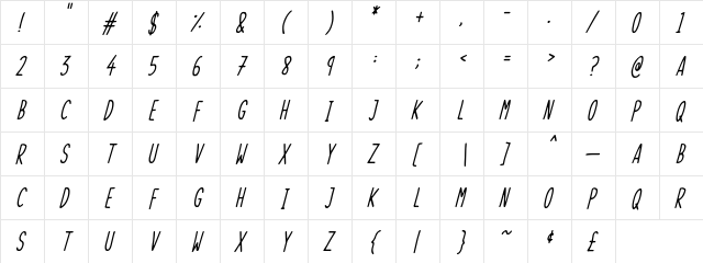 Skinny Things Italic  glyph index