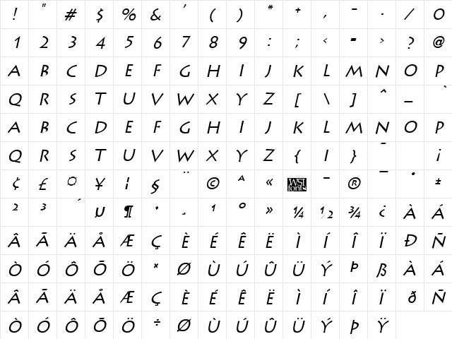 Liddie Italic  glyph index