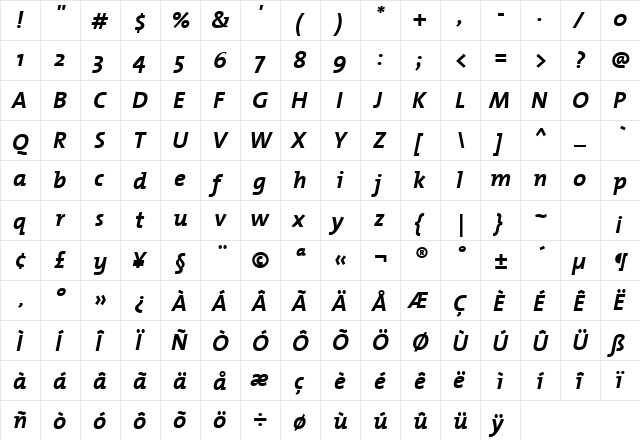 TheMixBold-Italic Regular  glyph index