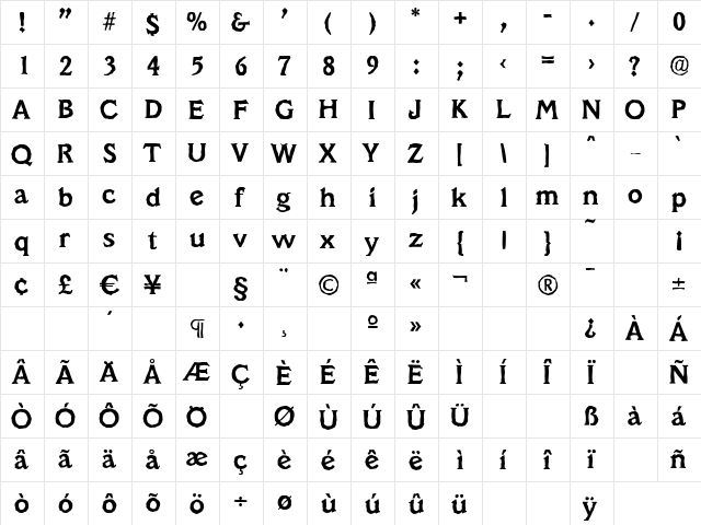 VeracruzAntique Bold  glyph index